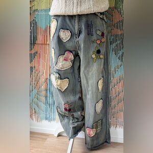 Light Wash Embroidered Straight-Leg Jeans with Heart Patch Details